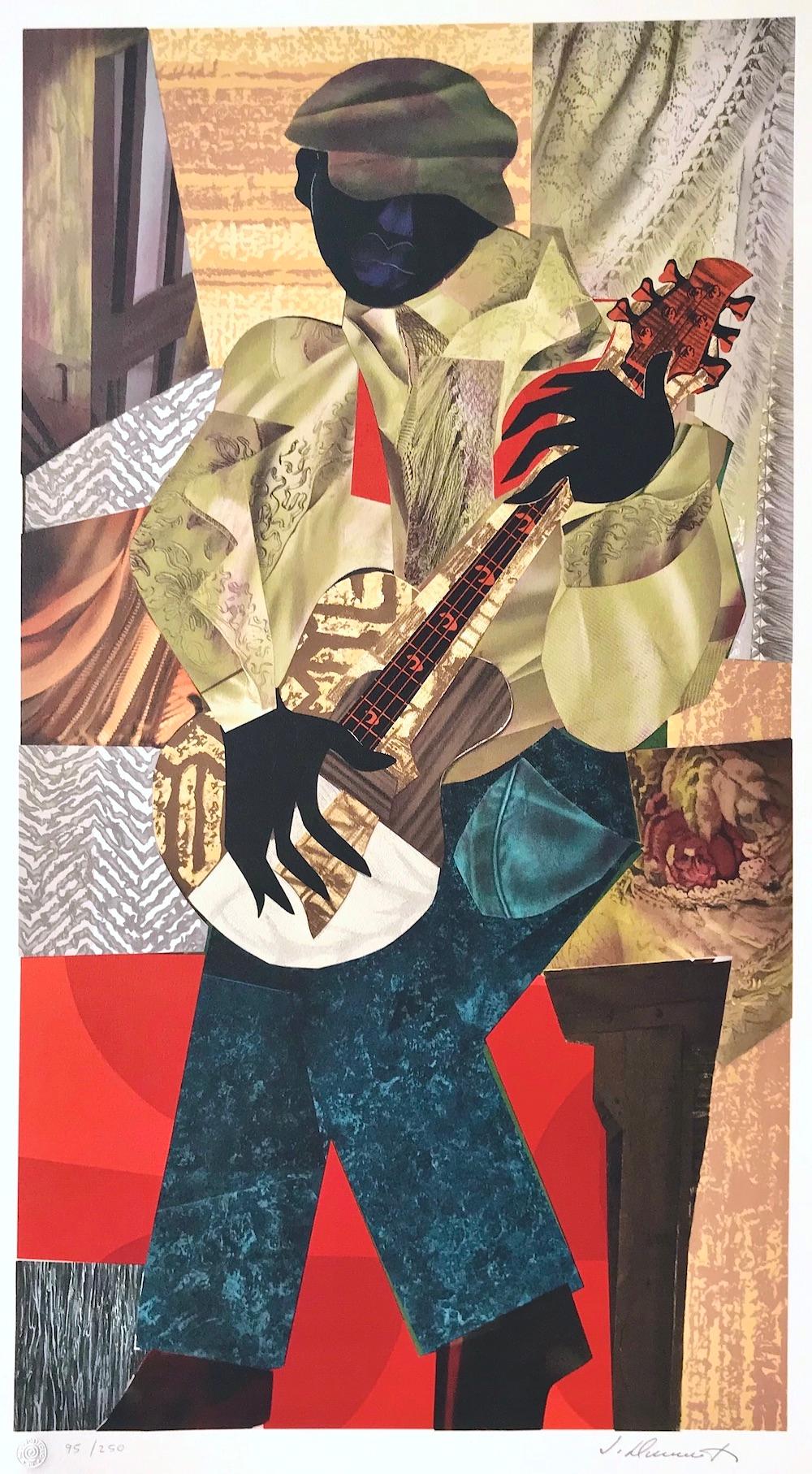 HONKY TONK Signed Lithograph, Black Musician Portrait, Blues Guitarist, Collage - Print di James Denmark
