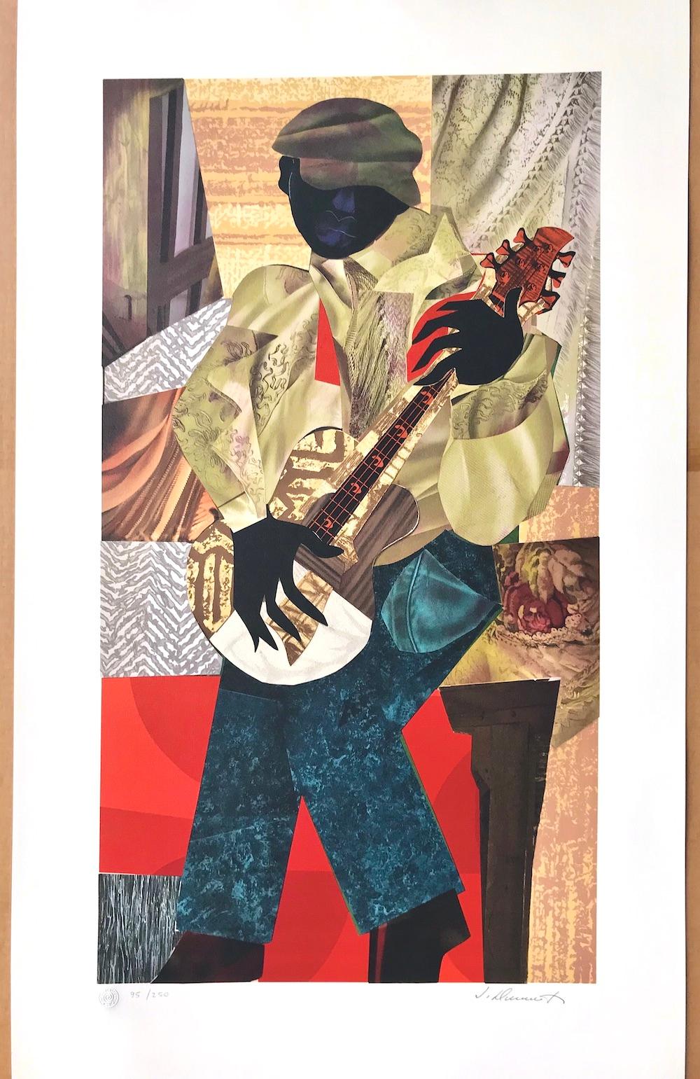 HONKY TONK is an original hand drawn, limited edition lithograph by the African American artist James Denmark printed using traditional hand lithography techniques on archival Somerset paper, 100% acid free. HONKY TONK is a colorful collage portrait