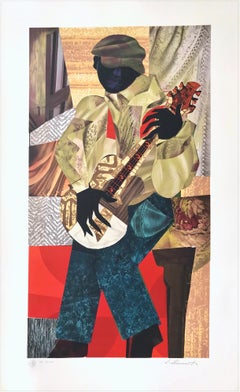 Vintage HONKY TONK Signed Lithograph, Black Musician Portrait, Blues Guitarist, Collage