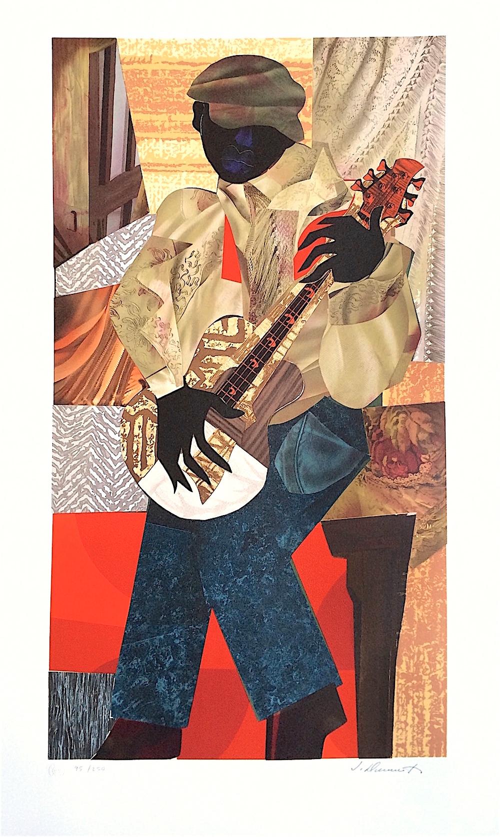HONKY TONK Signed Lithograph, Collage Portrait Black Man, Guitar, Music - Contemporary Print by James Demark