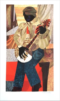 HONKY TONK Signed Lithograph, Collage Portrait Black Guitar Player, Blue Jeans