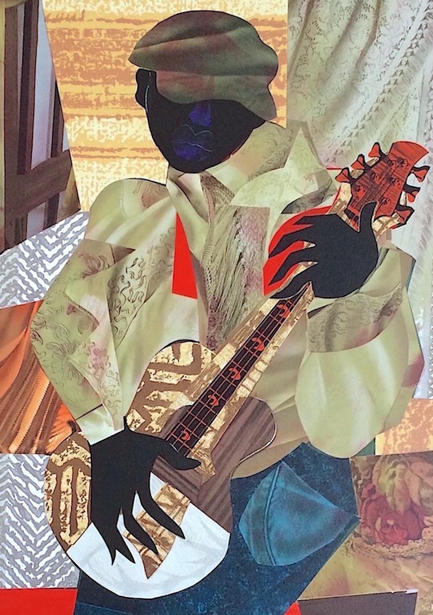 HONKY TONK Lithographie signée, portrait d'un musicien noir, guitare blues, Collage - Contemporain Print par James Demark