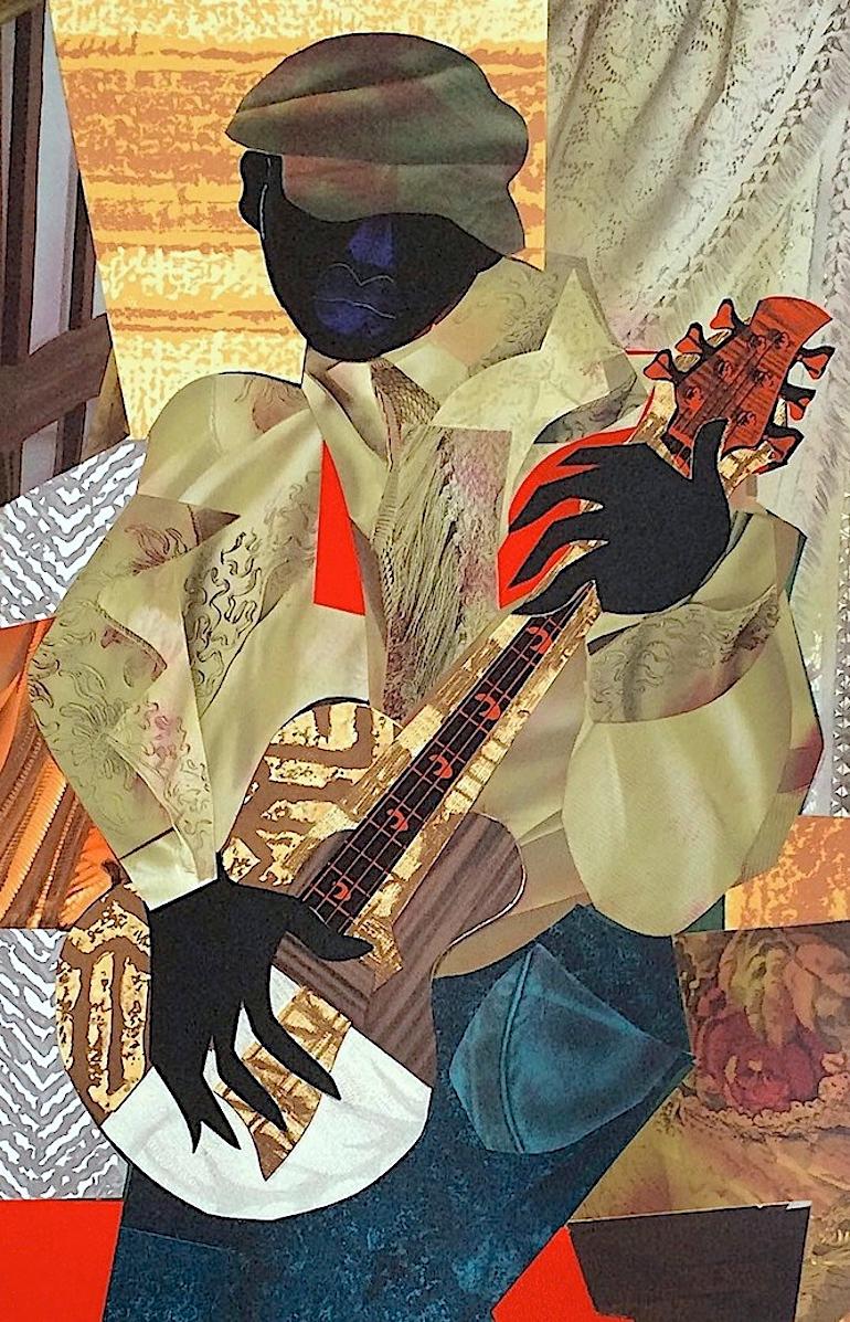 HONKY TONK Signed Lithograph, Collage Portrait, Black Musician, Blues Guitar - Print by James Demark