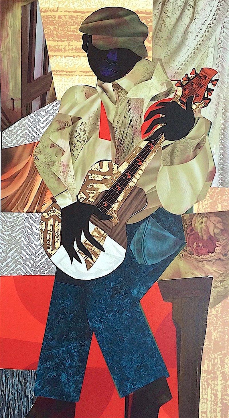 HONKY TONK Signed Lithograph, Collage Portrait Black Guitar Player, Blue Jeans - Print by James Demark