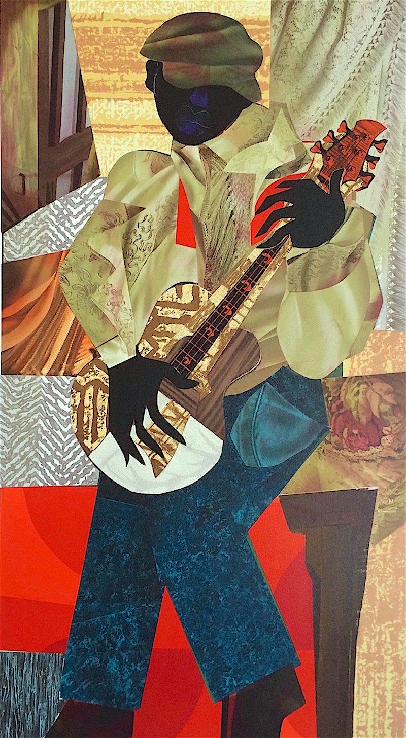 James Demark Interior Print - HONKY TONK Signed Lithograph, Collage Portrait, Black Musician, Blues Guitar