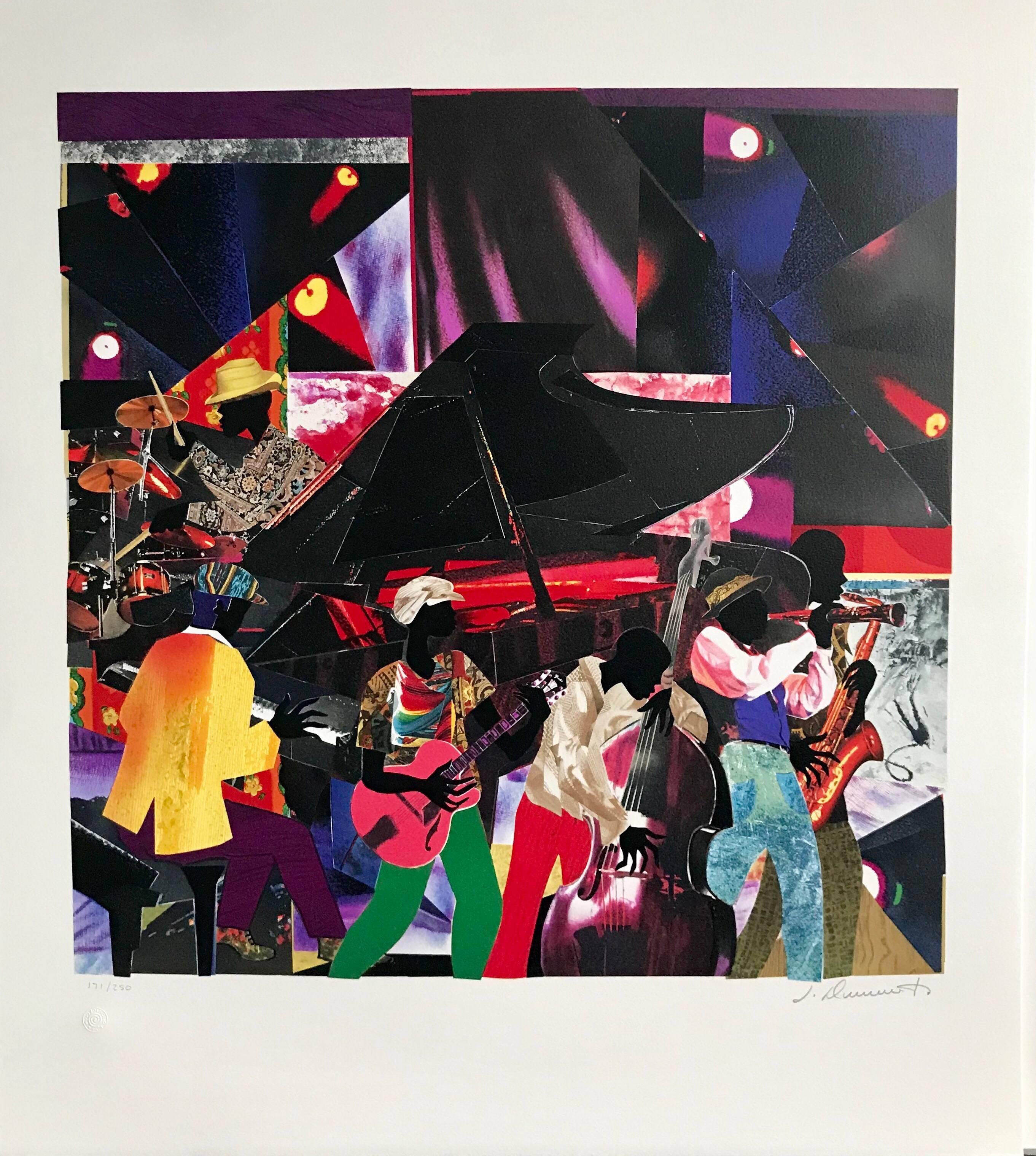 JUMPIN' & JIVIN' Signed Original Lithograph, Colorful Collage, Music, Night Club - Print by James Demark