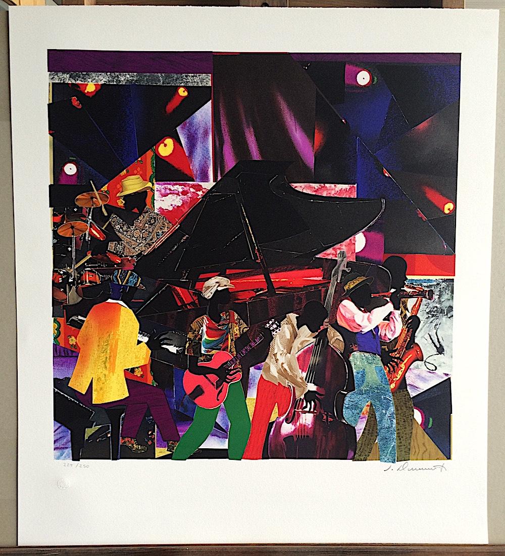 JUMPIN' & JIVIN' Signed Original Lithograph, Colorful Collage, Music, Night Club - Black Interior Print by James Demark