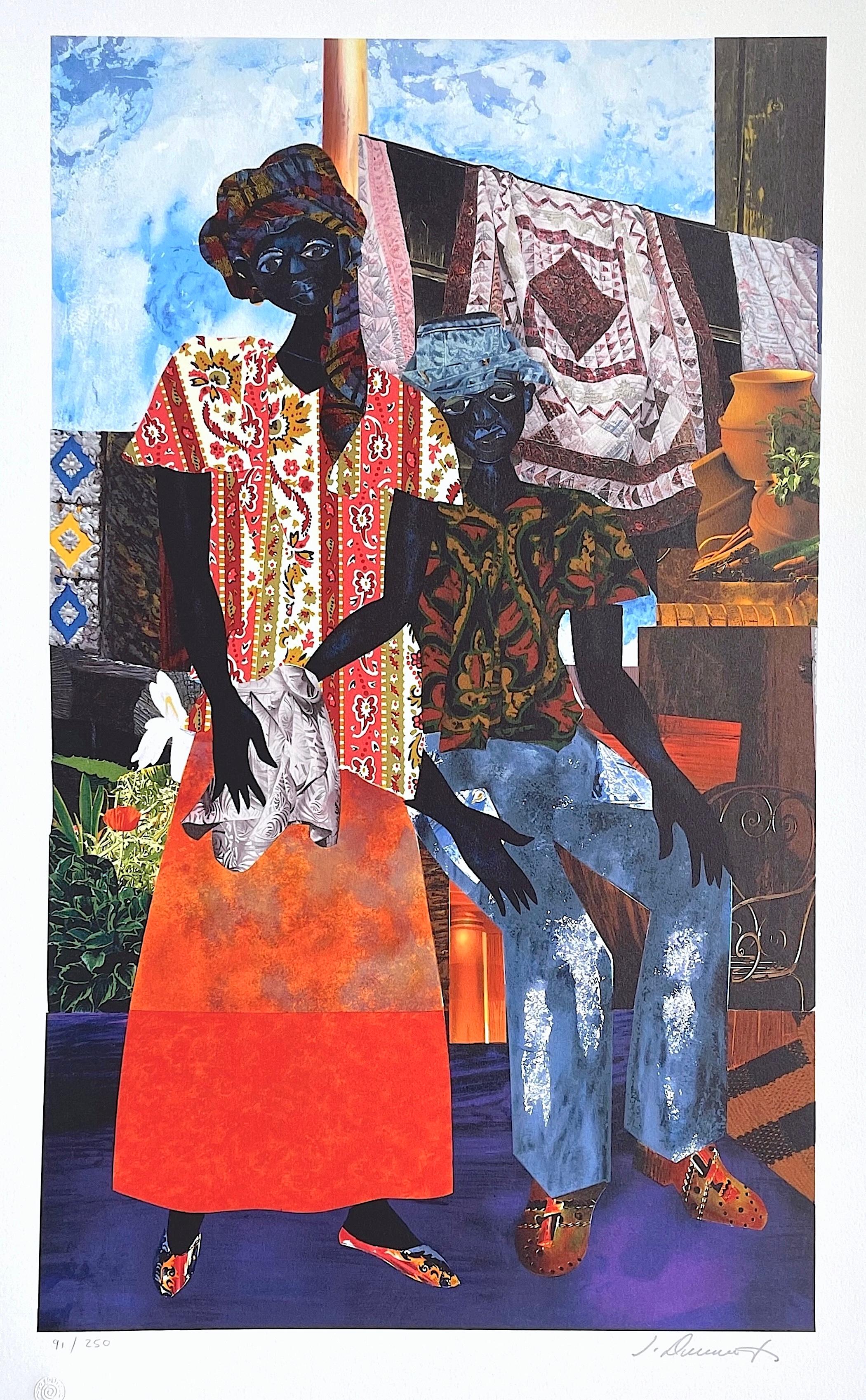 BACKYARD Signed Lithograph 1996, Black Couple, African American Heritage, Quilts