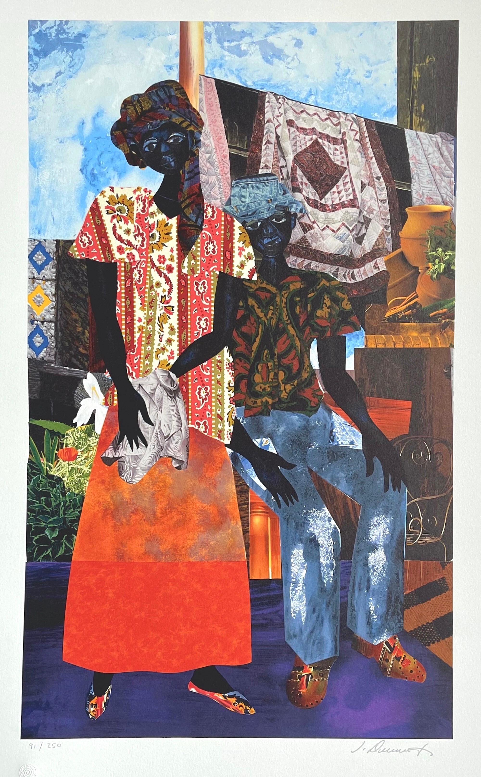 BACKYARD Signed Lithograph, Black Couple, African American Heritage, Quilts - Print by James Denmark