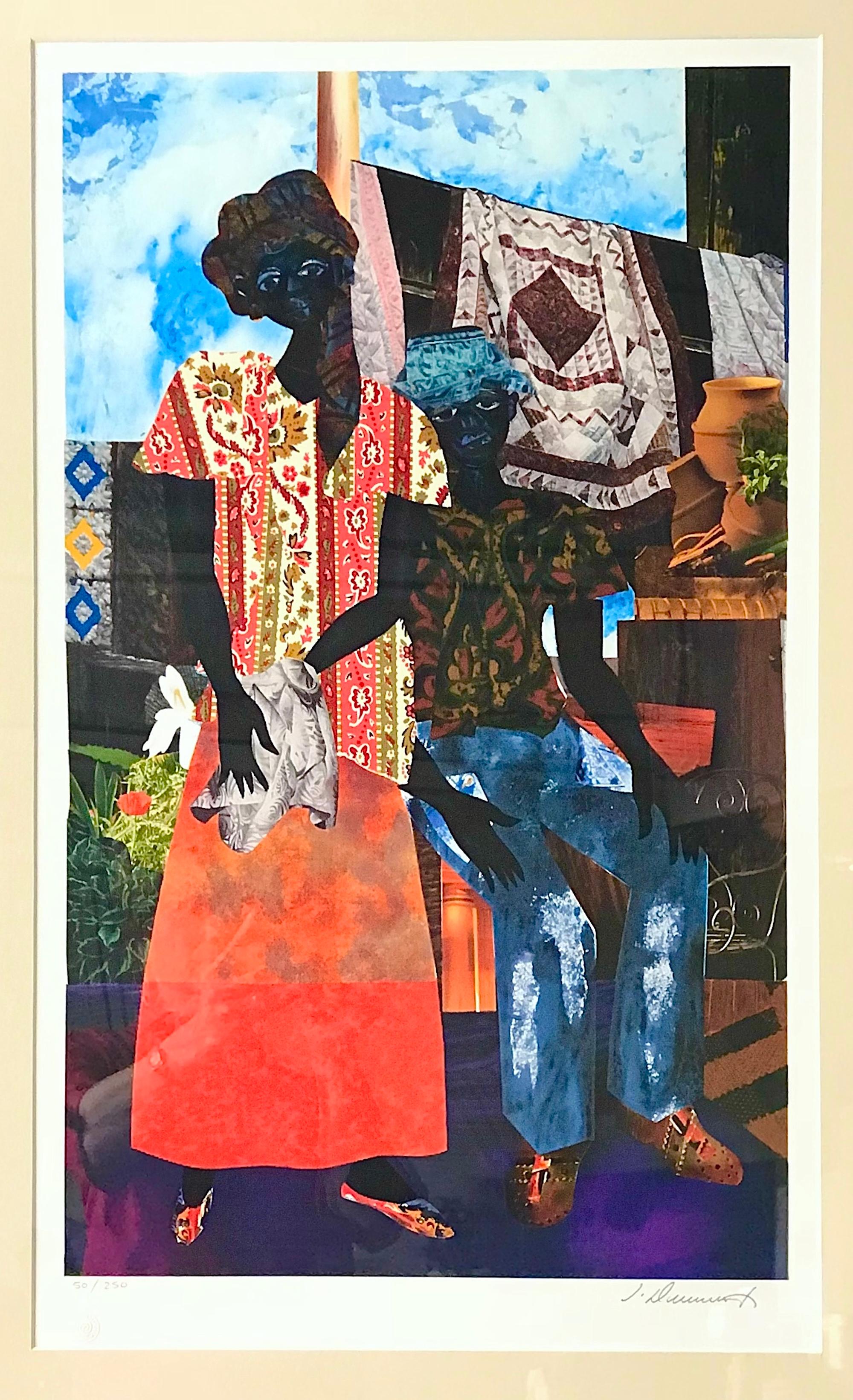 BACKYARD Signierte Lithographie, Schwarzes Paar, afroamerikanisches Erbe, Steppdecken – Print von James Denmark