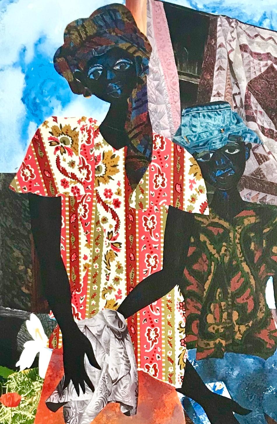 BACKYARD Litografía firmada, Pareja negra, Herencia afroamericana, Colchas - Figurative Print Negro de James Denmark
