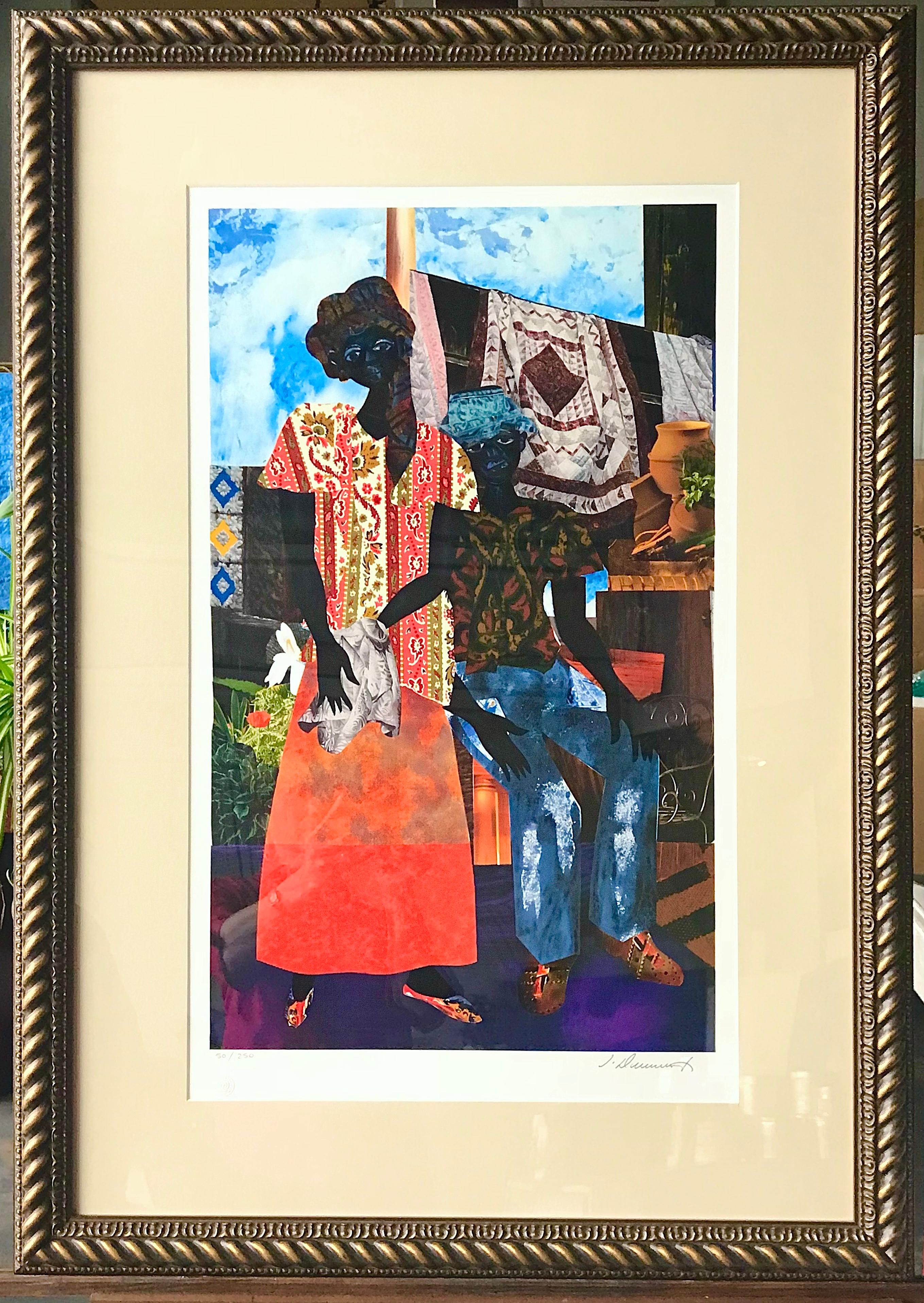 BACKYARD Signierte Lithographie, Schwarzes Paar, afroamerikanisches Erbe, Steppdecken im Angebot 1