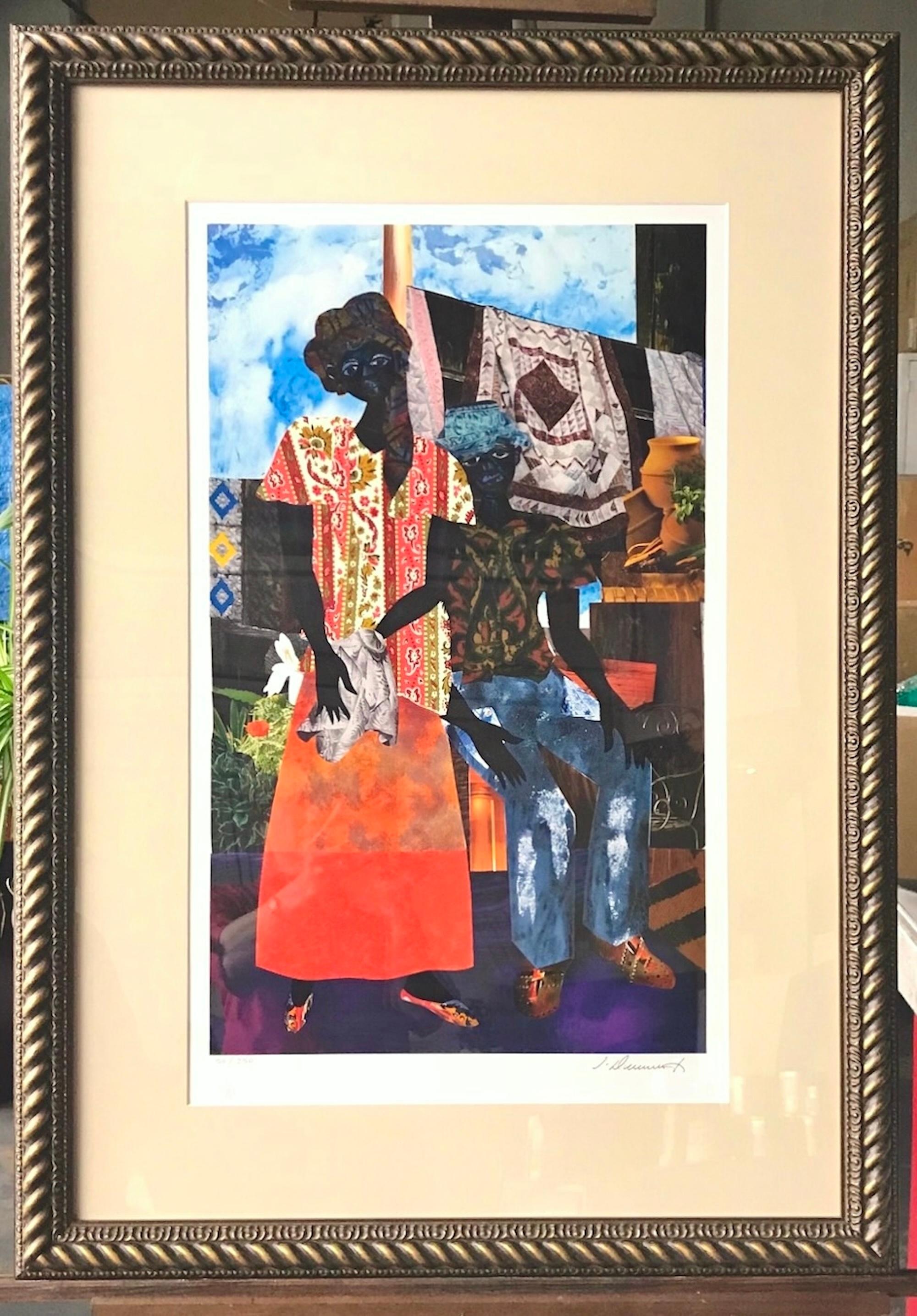 BACKYARD Signierte Lithographie, Schwarzes Paar, afroamerikanisches Erbe, Steppdecken im Angebot 3