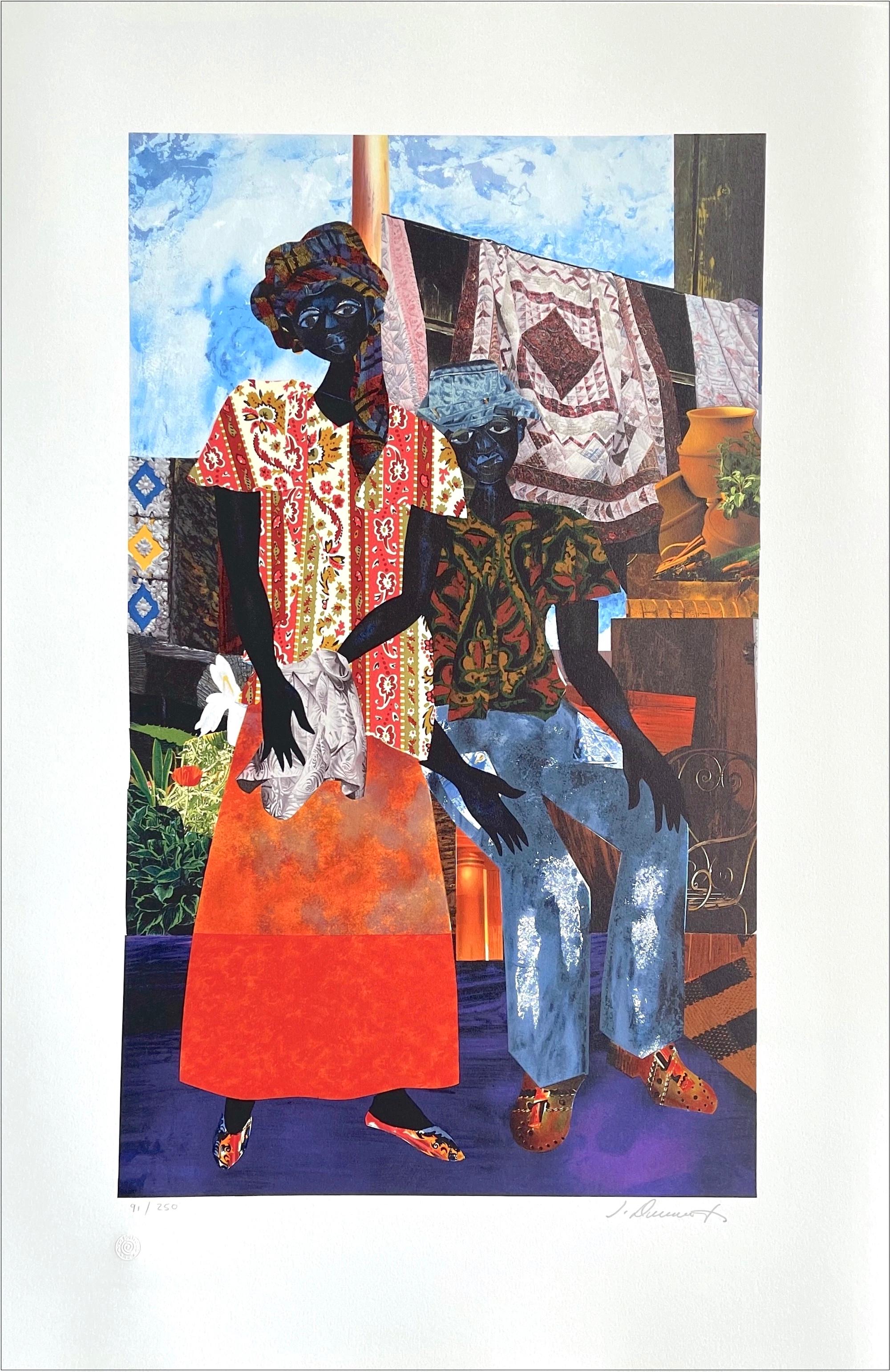 BACKYARD Signierte Lithographie, Schwarzes Paar, afroamerikanisches Erbe, Steppdecken