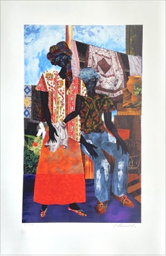 BACKYARD Signed Lithograph, Black Couple, African American Heritage, Quilts