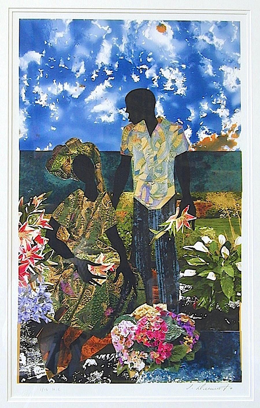 GARDEN ROMANCE Signierte Lithographie, Schwarzes Paar, Collage, Porträtliebhaber, Blumen – Print von James Denmark
