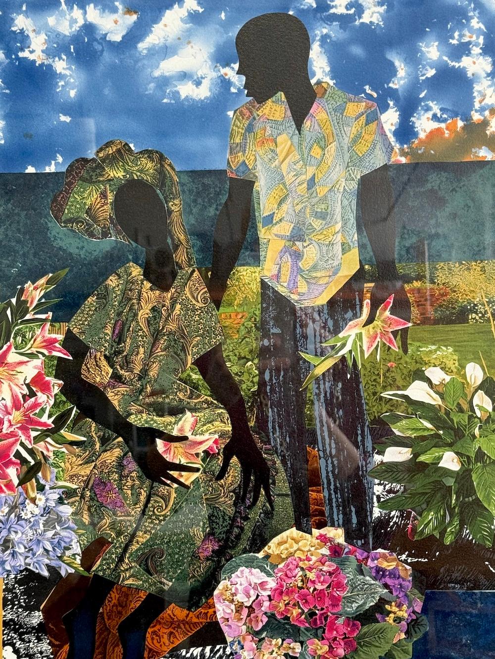 GARDEN ROMANCE Signierte Lithographie, Schwarzes Paar, Collage, Porträtliebhaber, Blumen (Zeitgenössisch), Print, von James Denmark