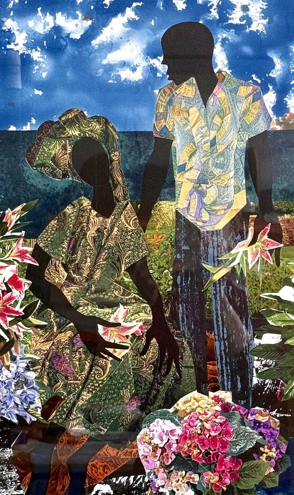 GARDEN ROMANCE Signierte Lithographie, Schwarzes Paar, Collage, Porträtliebhaber, Blumen (Beige), Portrait Print, von James Denmark