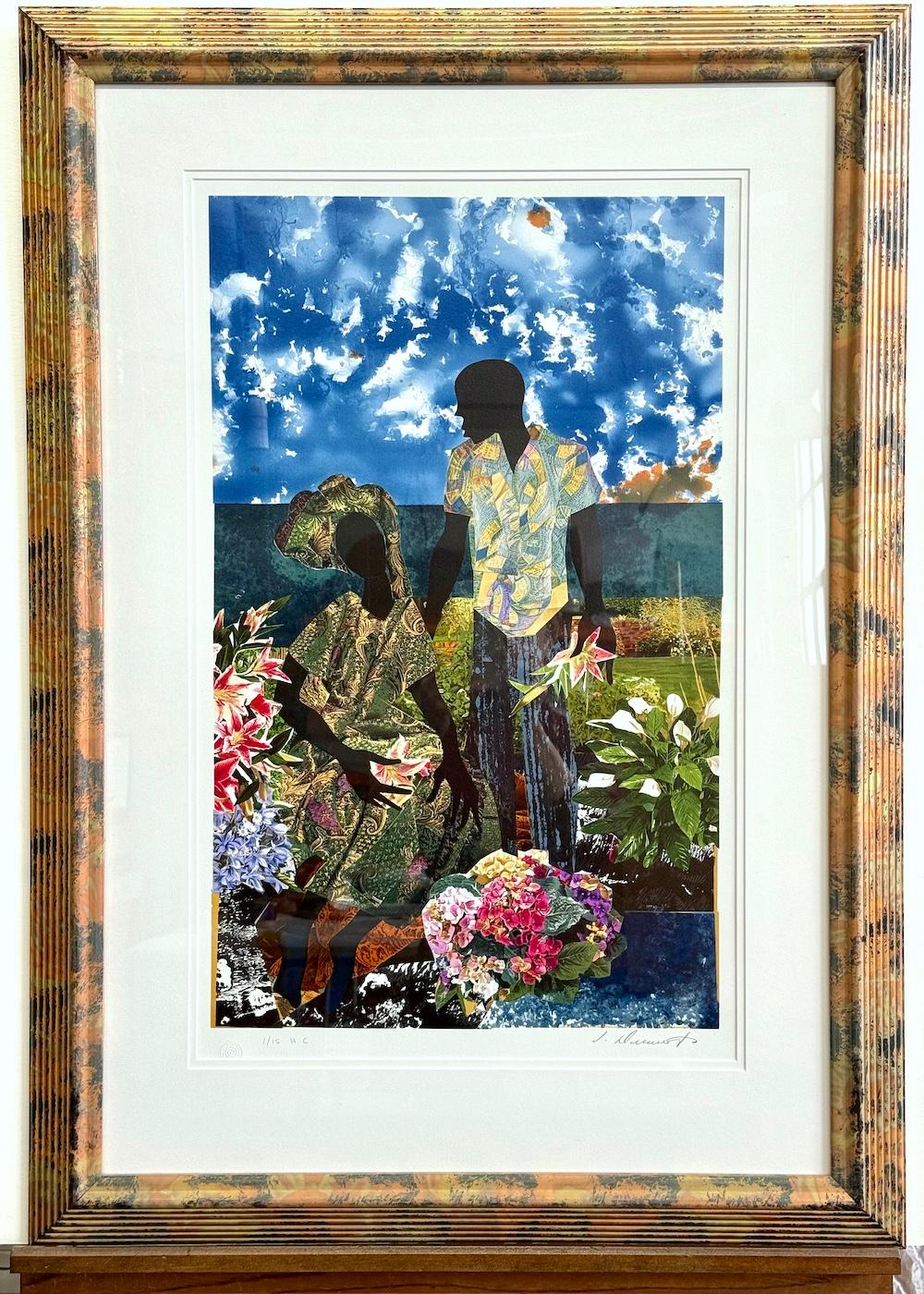 GARDEN ROMANCE Signierte Lithographie, Schwarzes Paar, Collage, Porträtliebhaber, Blumen im Angebot 1