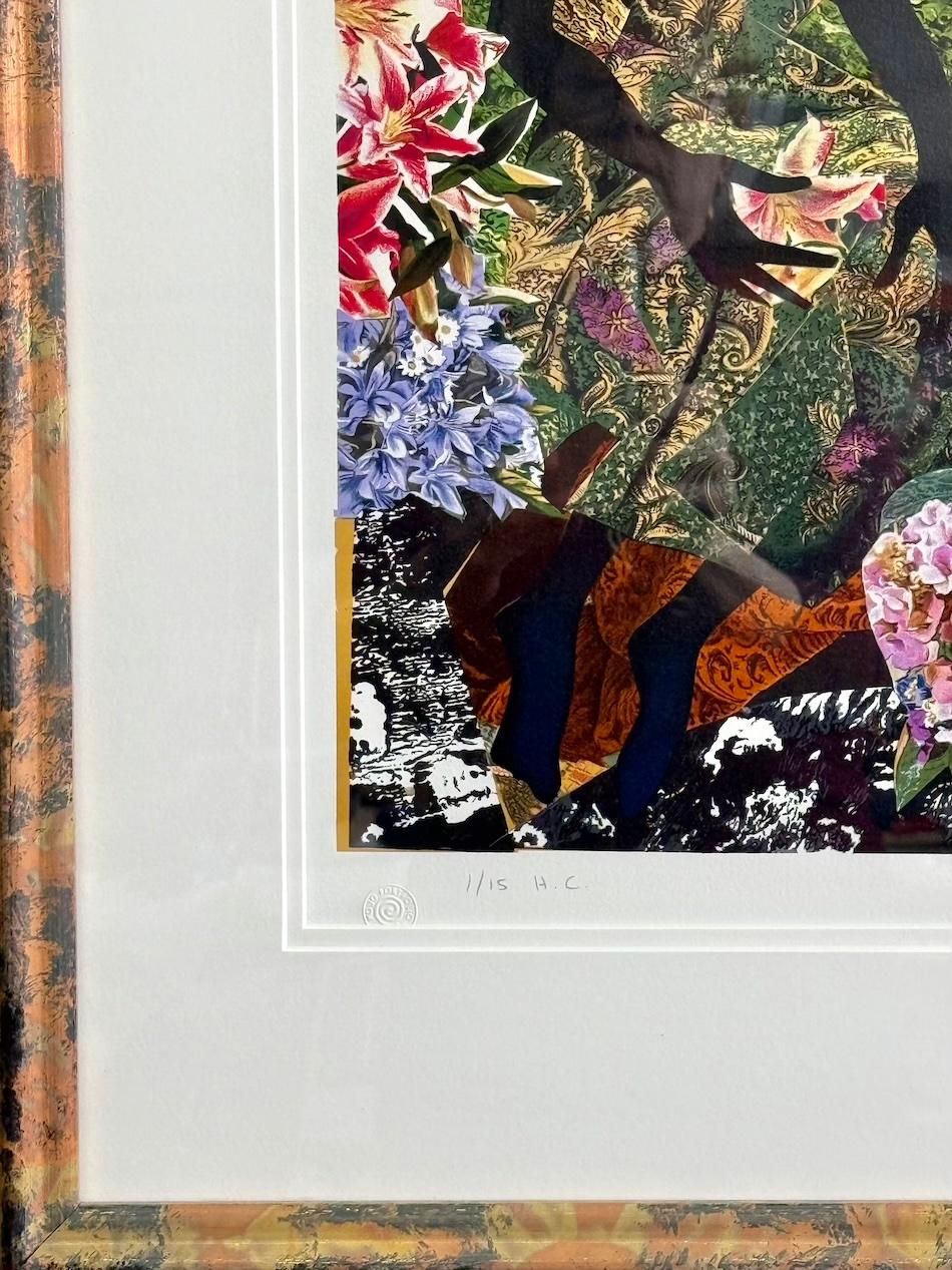 GARDEN ROMANCE Signierte Lithographie, Schwarzes Paar, Collage, Porträtliebhaber, Blumen im Angebot 2