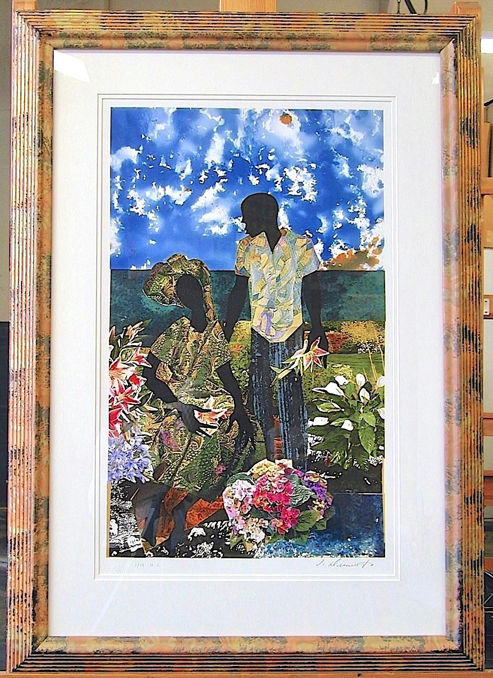 GARDEN ROMANCE Signierte Lithographie, Schwarzes Paar, Collage, Porträtliebhaber, Blumen im Angebot 4