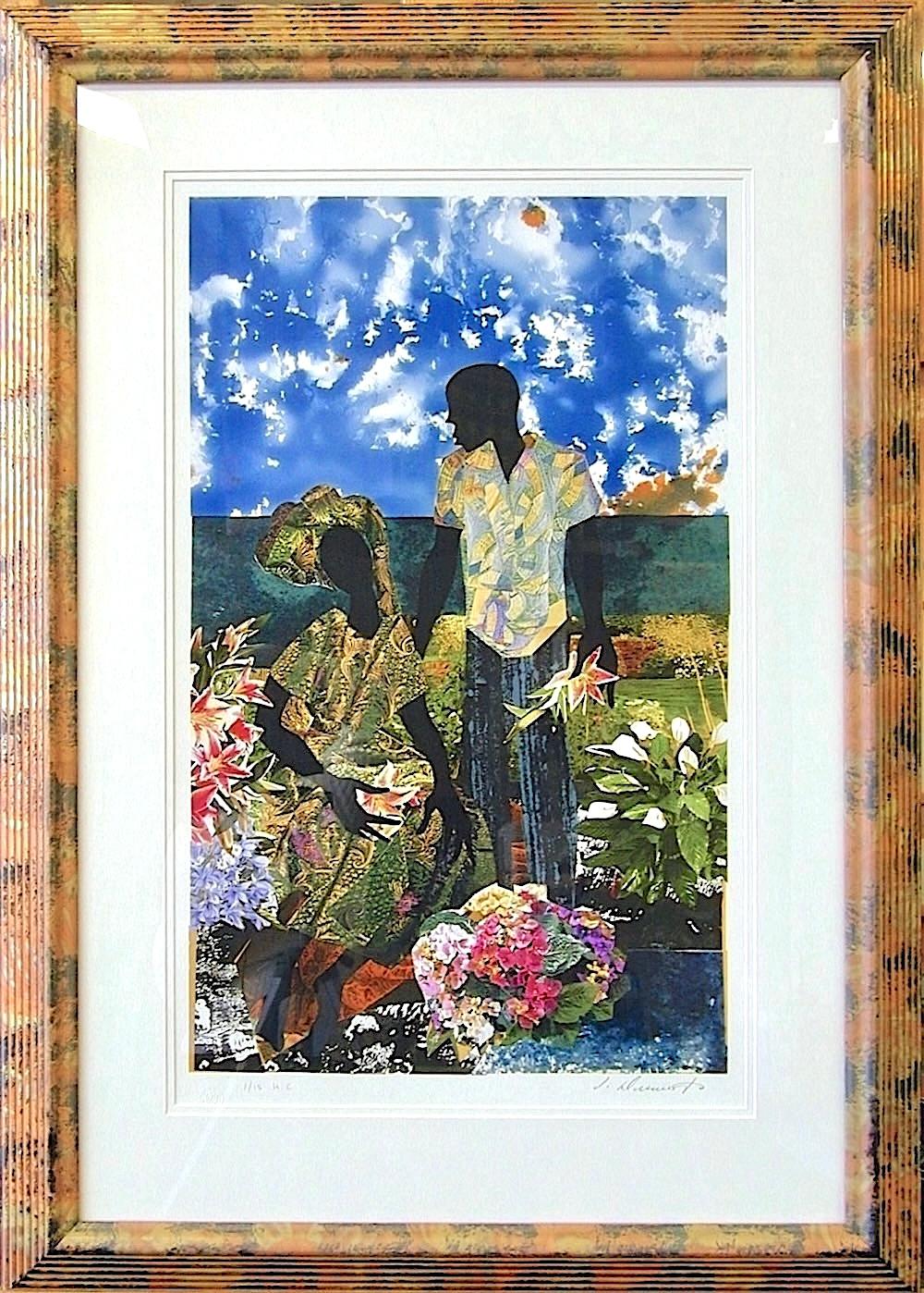ROMANCE EN EL JARDÍN Litografía firmada, Pareja negra, Collage Retrato Amantes, Flores
