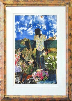 ROMANCE EN EL JARDÍN Litografía firmada, Pareja negra, Collage Retrato Amantes, Flores