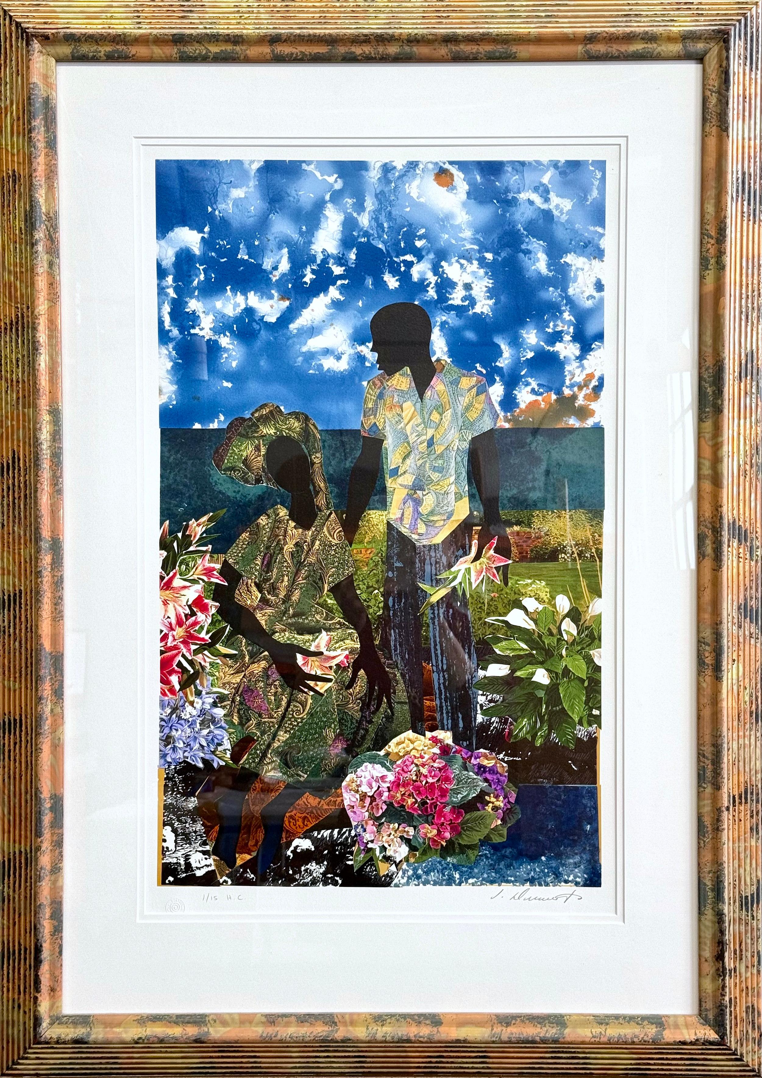 GARDEN ROMANCE Litografia firmata, coppia in nero, collage di ritratti di innamorati, fiori