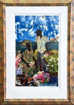 ROMANCE EN EL JARDÍN Litografía firmada, Pareja negra, Collage Retrato Amantes, Flores