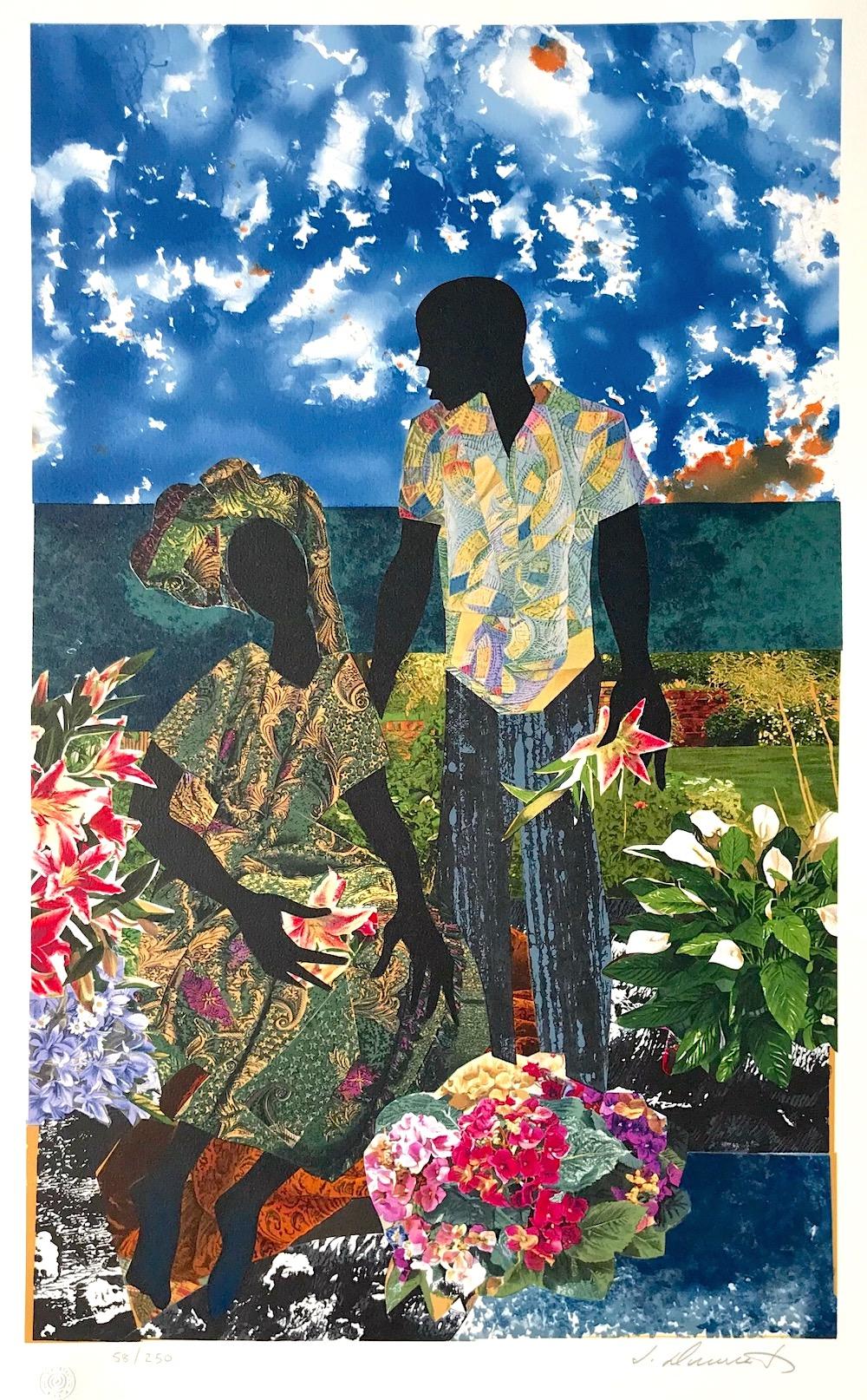GARDEN ROMANCE Litografia firmata, ritratto di coppia in nero, amanti, giardino fiorito - Print di James Denmark