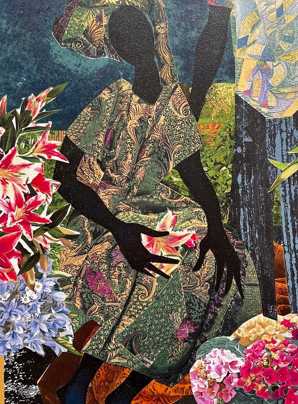 GARDEN ROMANCE Litografia firmata, ritratto di coppia in nero, amanti, giardino fiorito - Print Contemporaneo di James Denmark
