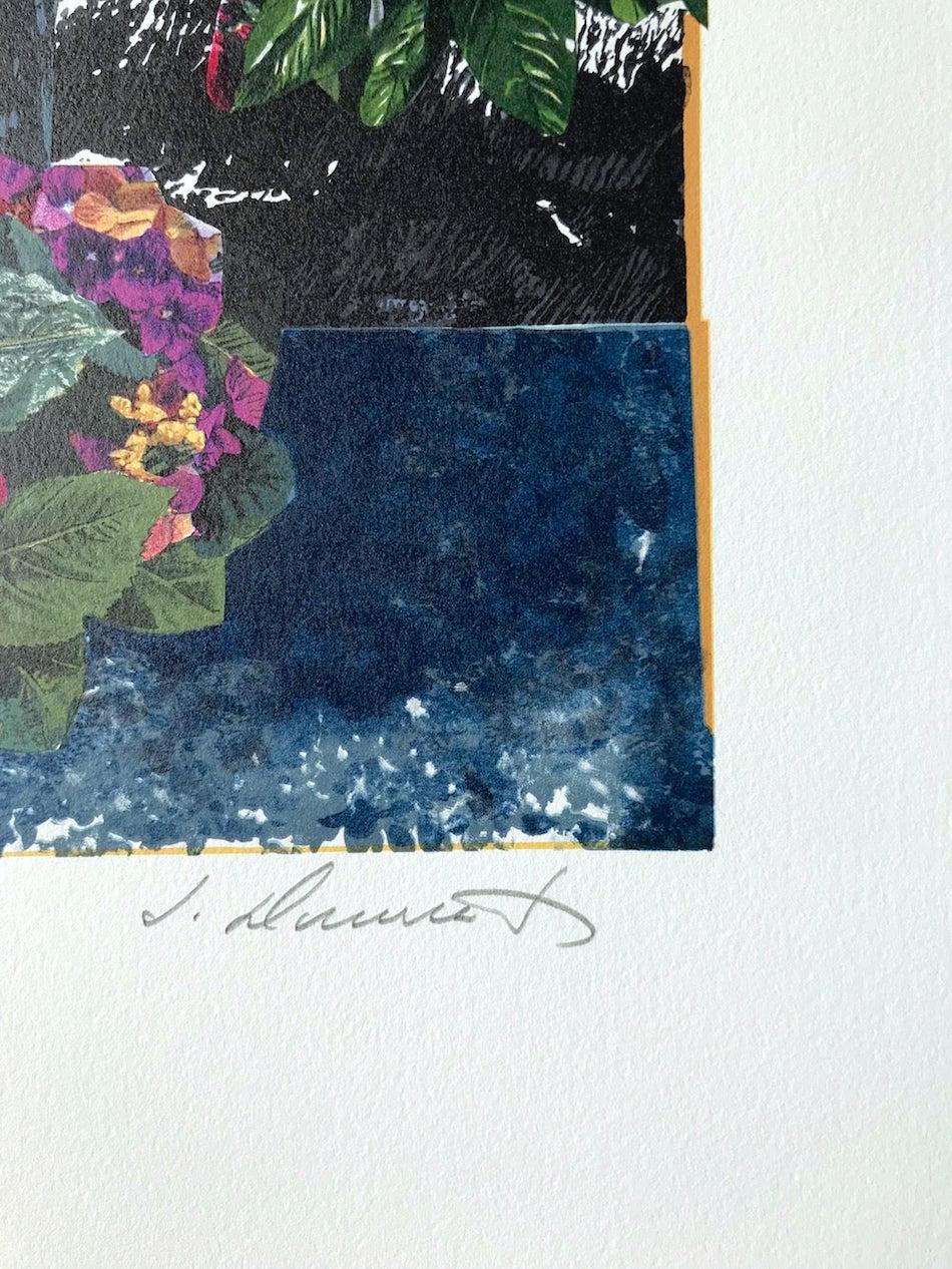 ROMANCE EN EL JARDÍN, del artista James Denmark, es una litografía original dibujada a mano, de edición limitada (no es una reproducción fotográfica ni una impresión digital), impresa en papel de archivo Somerset mediante técnicas litográficas