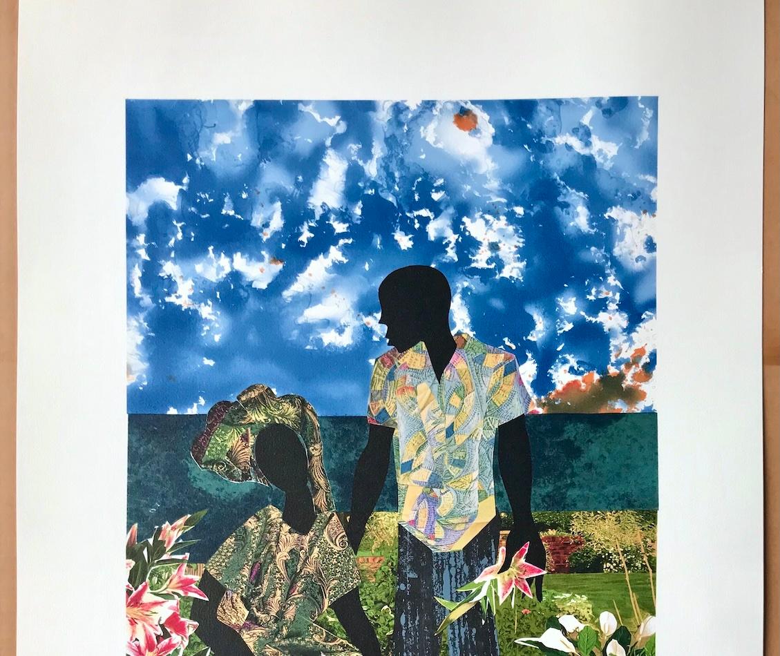 ROMANCE EN EL JARDÍN Litografía firmada, Retrato de pareja en negro, Amantes, Jardín de flores en venta 1