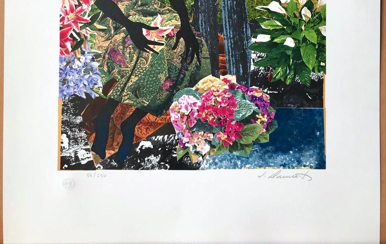 GARDEN ROMANCE Litografia firmata, ritratto di coppia in nero, amanti, giardino fiorito 2