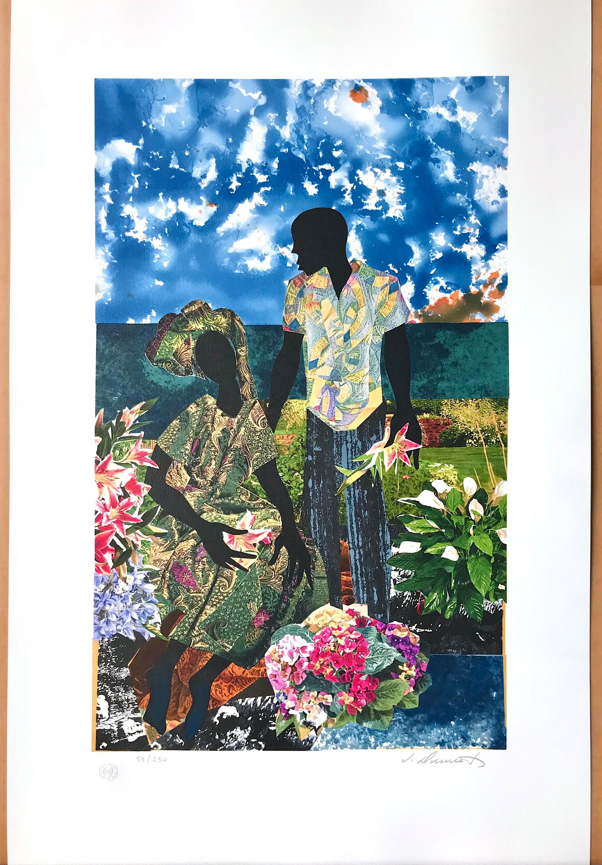 GARDEN ROMANCE Signed Lithograph, Black Couple Portrait, Lovers, Flower Garden For Sale 4