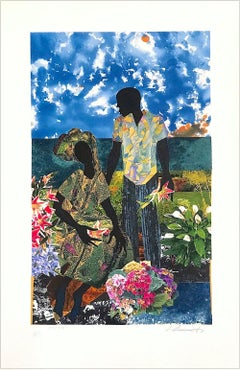 ROMANCE EN EL JARDÍN Litografía firmada, Retrato de pareja en negro, Amantes, Jardín de flores