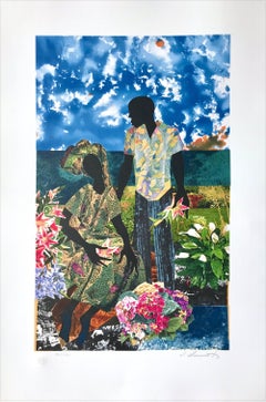 GARDEN ROMANCE Signed Lithograph, Black Couple Portrait, Lovers, Flower Garden