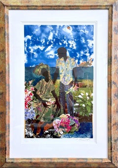 Garden Romance Signed Lithograph, Collage of Black Couple in Flowers