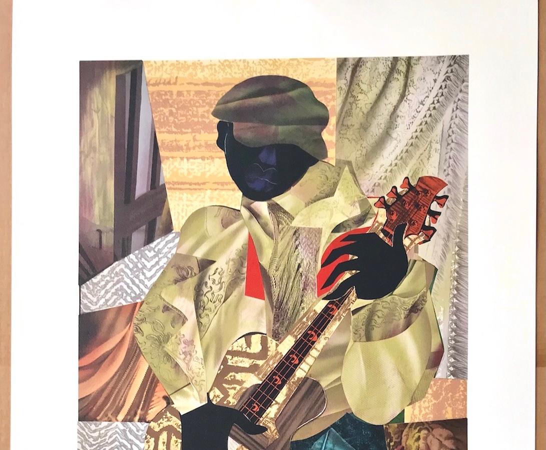 HONKY TONK Litografía firmada, músico negro, retrato collage, guitarra blues en venta 1