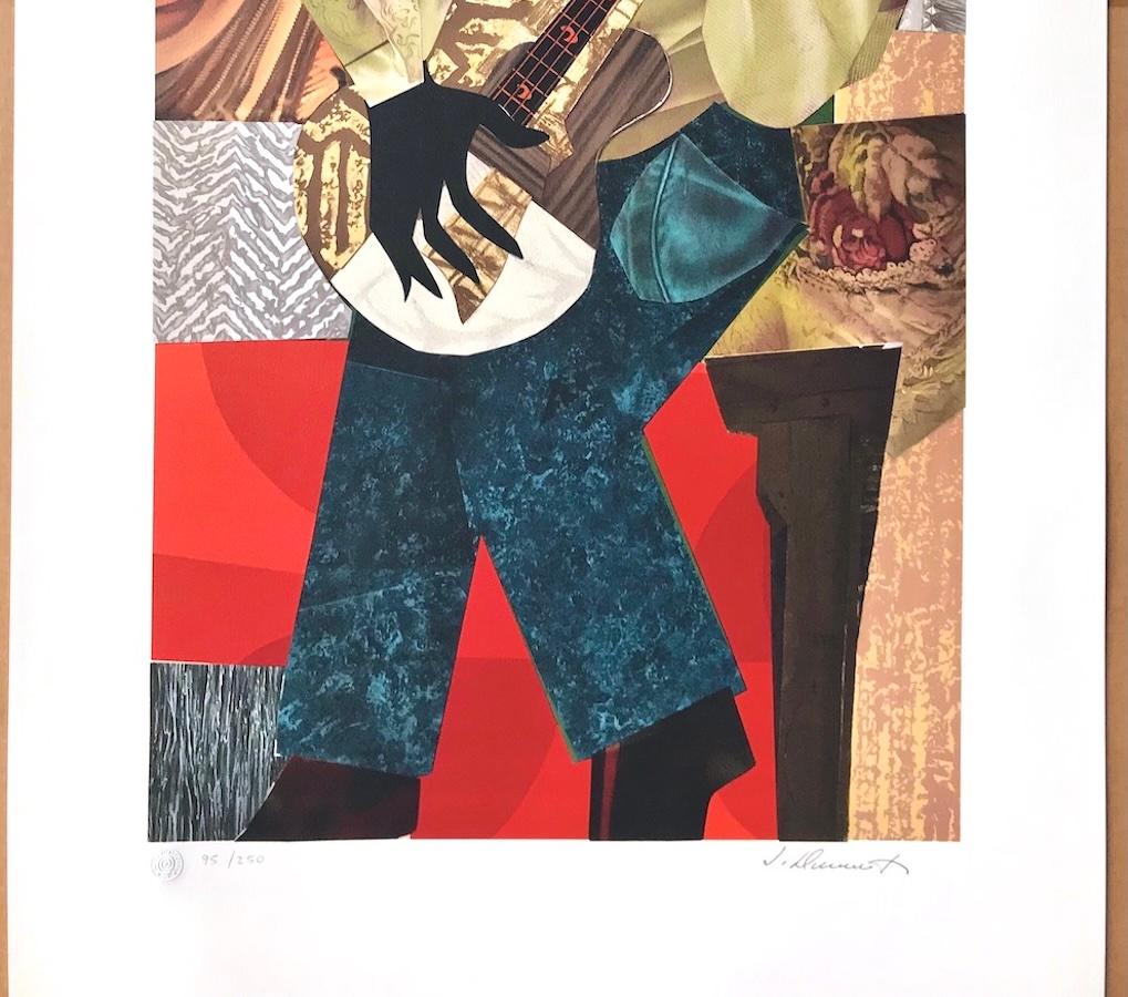 HONKY TONK Litografía firmada, músico negro, retrato collage, guitarra blues en venta 2