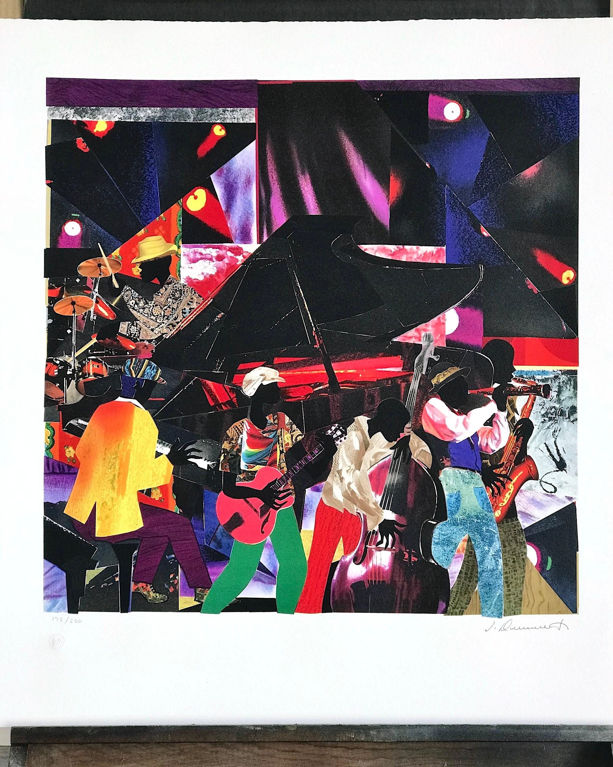 JUMPIN' & JIVIN' Signed Lithograph, Jazz Club, Band Musicians, Color Collage For Sale 4