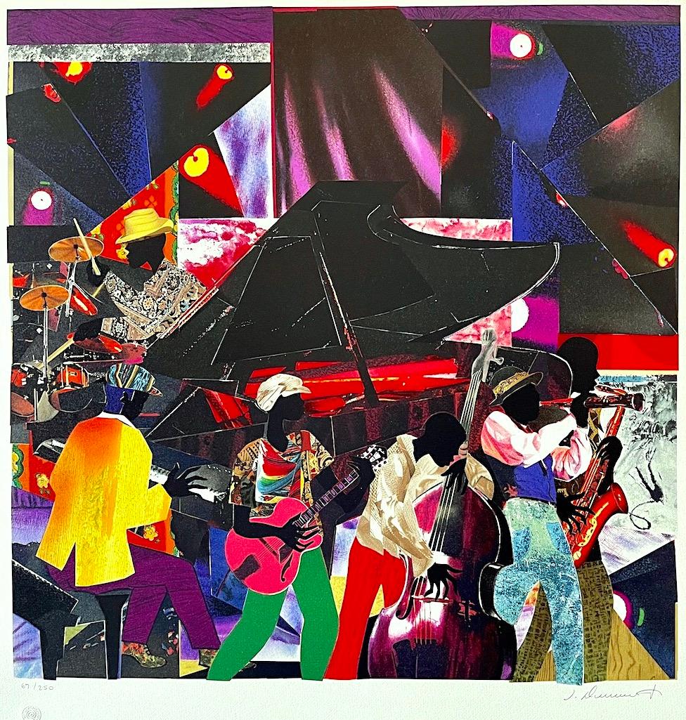 JUMPIN' & JIVIN' Litografía firmada, club de jazz, músicos de banda, collage en color - Print de James Denmark