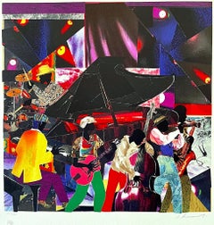 Lithographie signée JUMPIN' & JIVIN', Jazz Club, Band Musicians, Color Collage