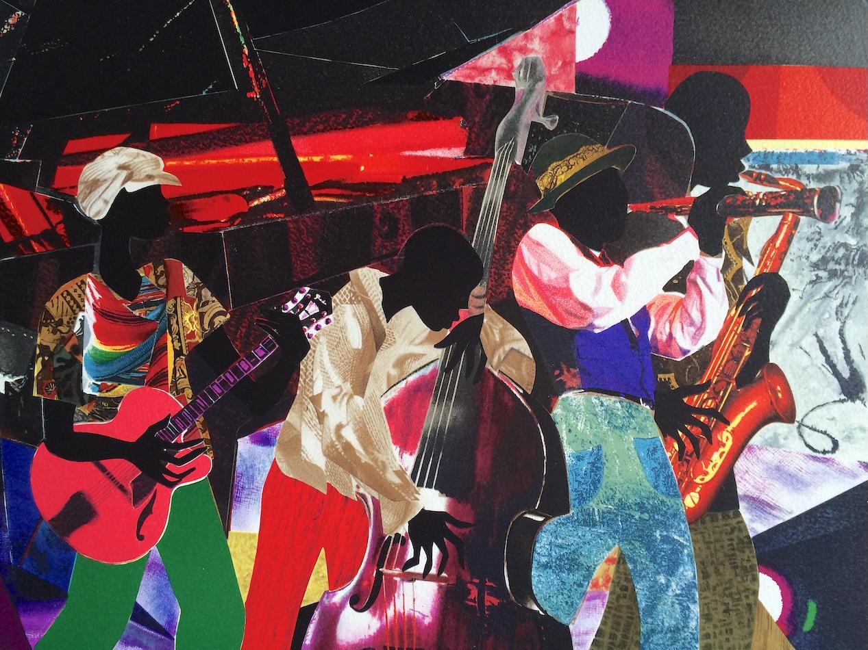 JUMPIN' & JIVIN' Litografía firmada, club de jazz, músicos de banda, collage en color - Interior Print Negro de James Denmark