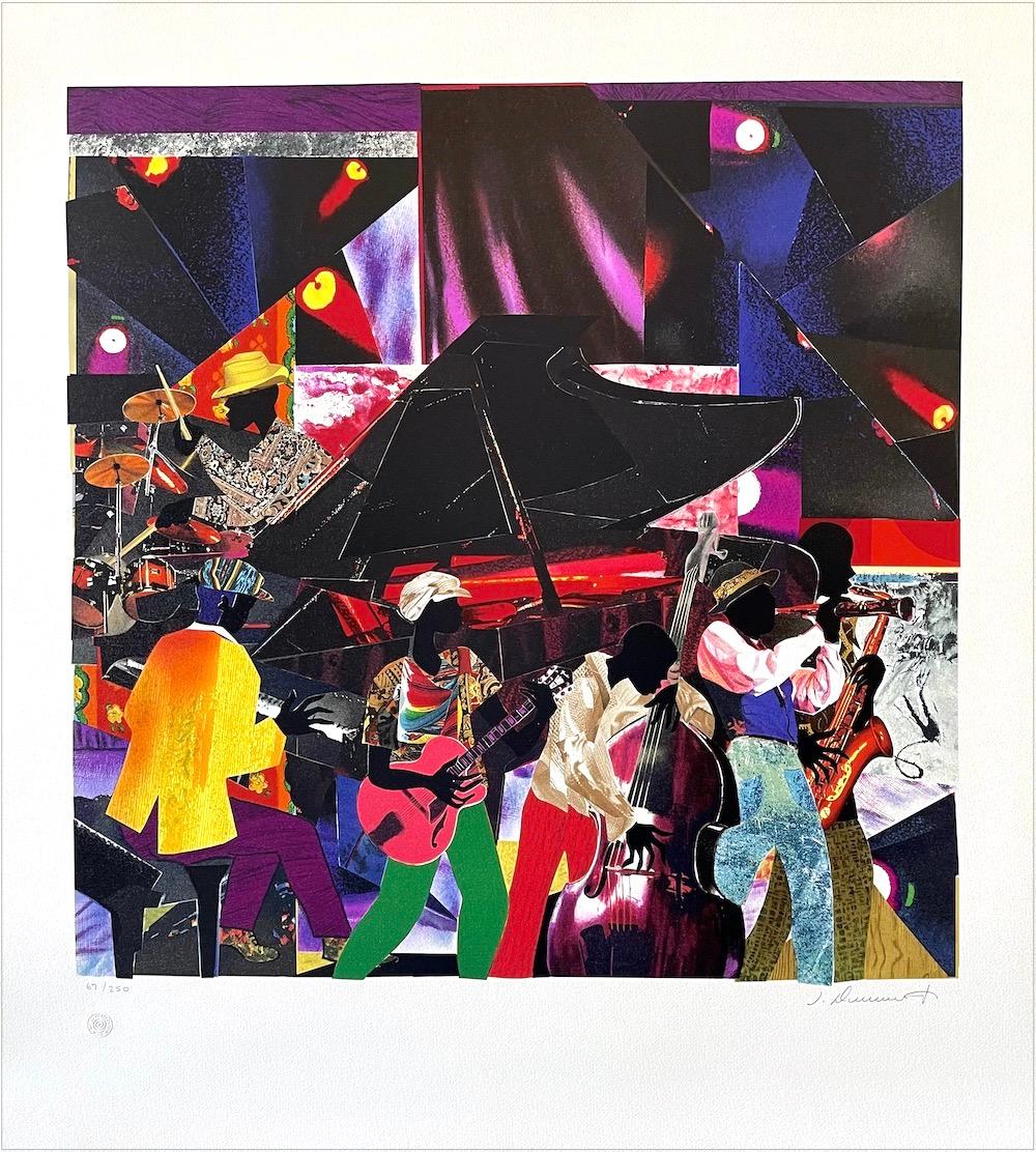 Interior Print de James Denmark - JUMPIN' & JIVIN' Litografía firmada, club de jazz, músicos de banda, collage en color