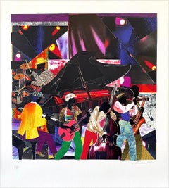 JUMPIN' & JIVIN' Litografia firmata, Jazz Club, Banda Musicale, Collage a colori