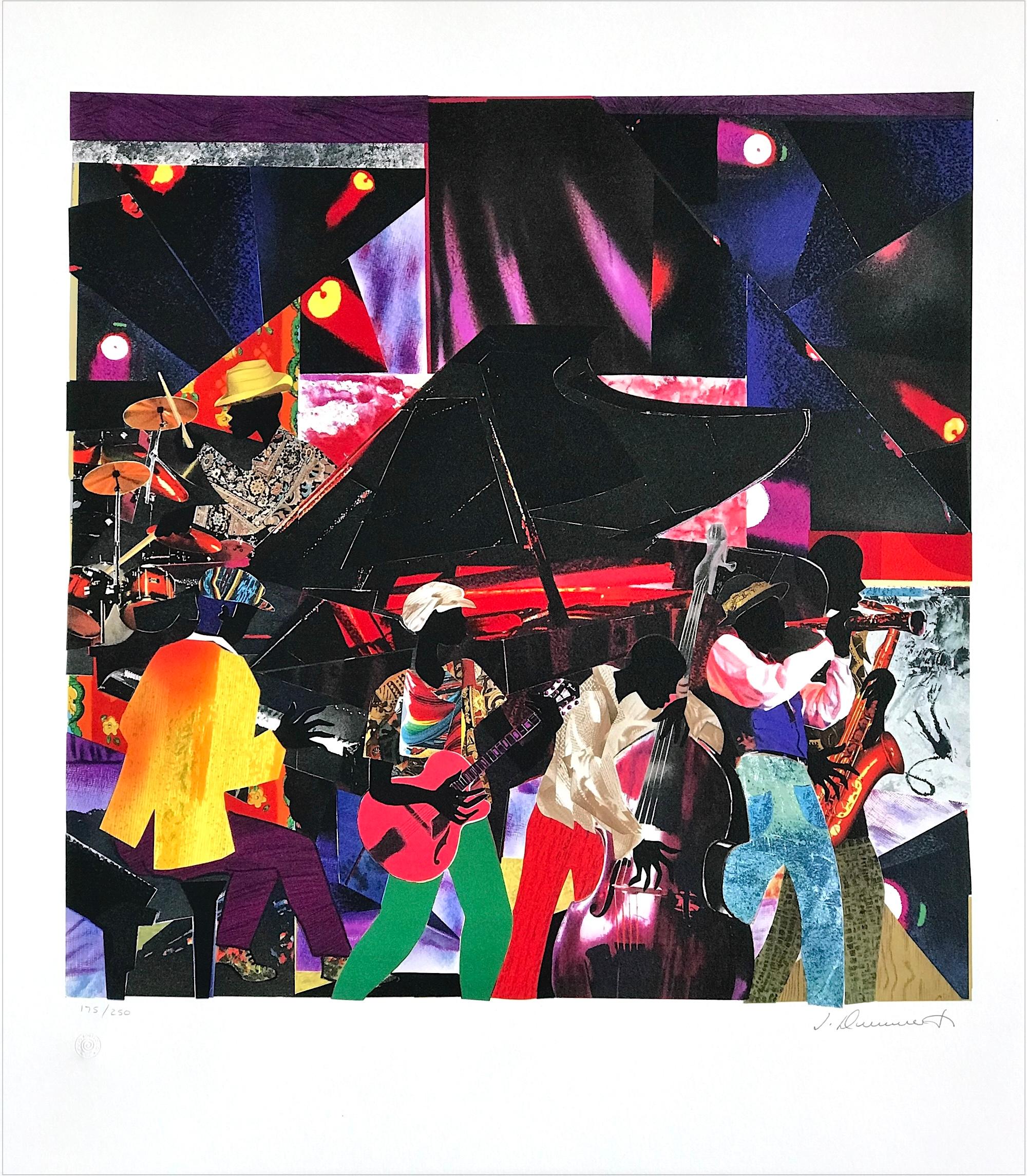 JUMPIN' & JIVIN' Litografia firmata, Jazz Club, Banda Musicale, Collage a colori