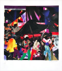 JUMPIN' & JIVIN' Litografia firmata, Jazz Club, Banda Musicale, Collage a colori