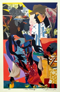 LA FAMILIA Litografía firmada, retrato de familia negra, collage, afroamericano