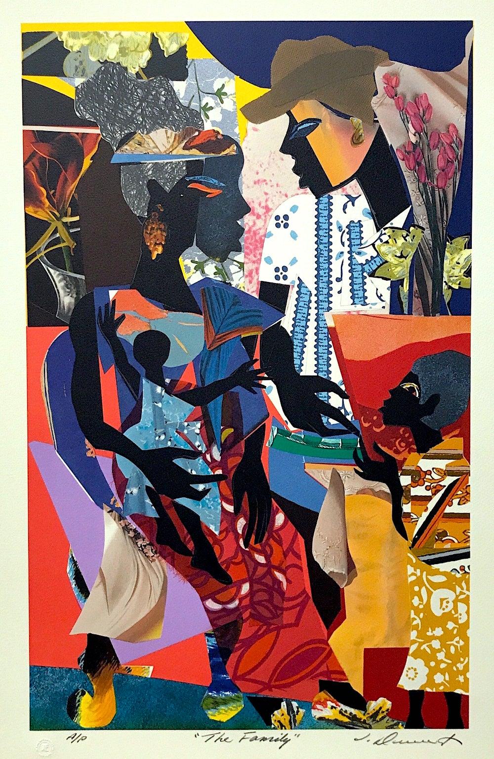 THE FAMILY Litografia firmata, ritratto di famiglia nera, collage, afroamericano - Print di James Denmark